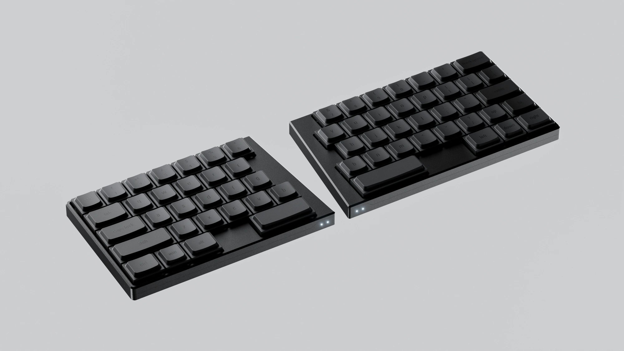 An angled studio render of the all-black ElimKeys Elytra split mechanical keyboard, featuring black low-profile keycaps and a sleek dark chassis on a neutral grey background.