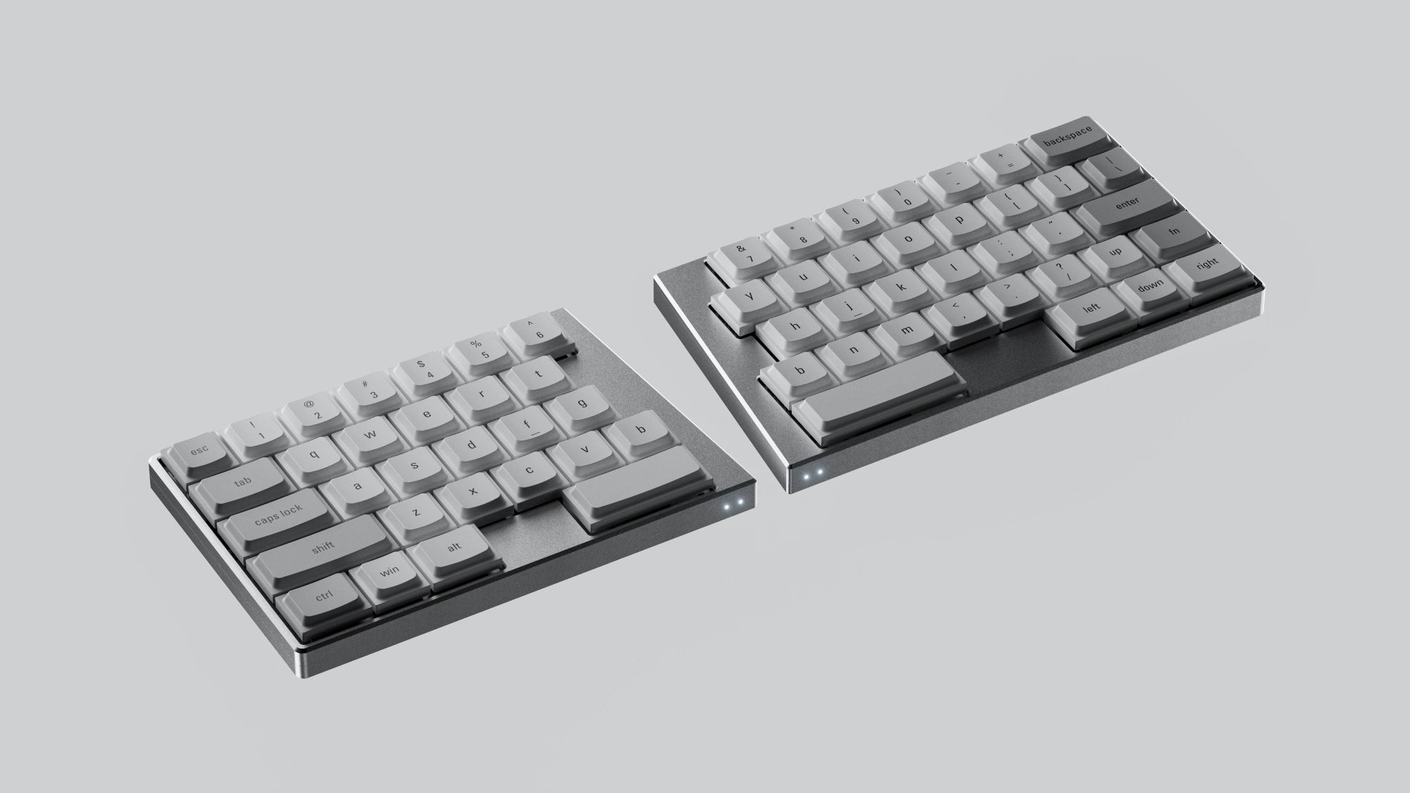 An angled studio render of the silver ElimKeys Elytra split mechanical keyboard, featuring white low-profile keycaps with printed legends on a neutral grey background.