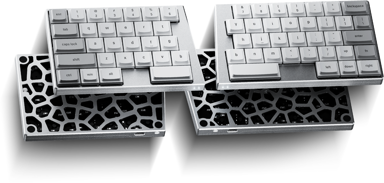 A premium studio composition of the silver ElimKeys Elytra split mechanical keyboard, featuring a layered view that highlights the white keycaps and the intricate silver geometric Voronoi pattern on the custom bottom plates.